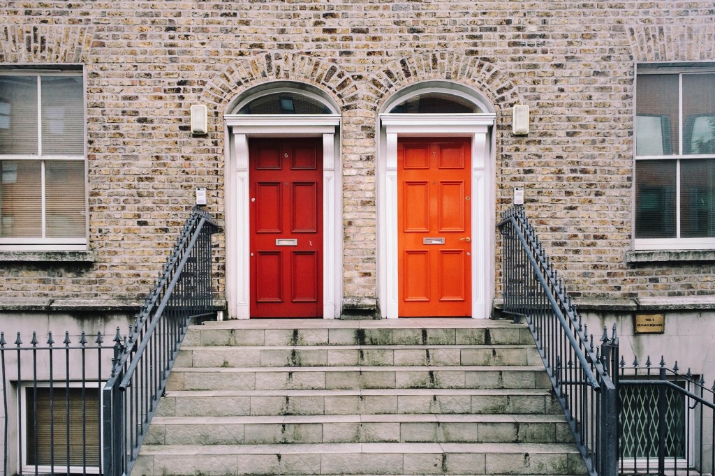 Two identical red doors in Dublin, Ireland