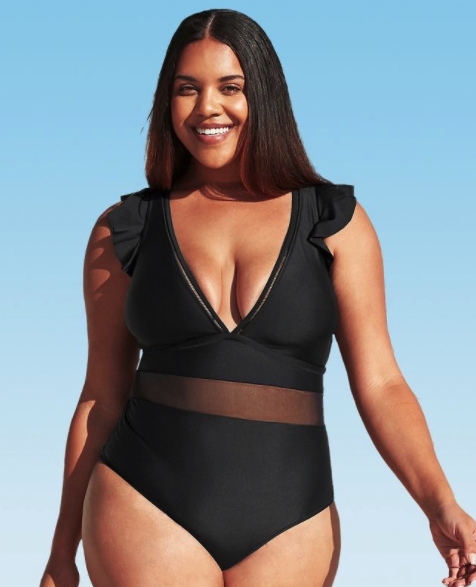 Black Plus Size One Piece Swimsuit Ruffle Plunge V Neck Bathing Suit