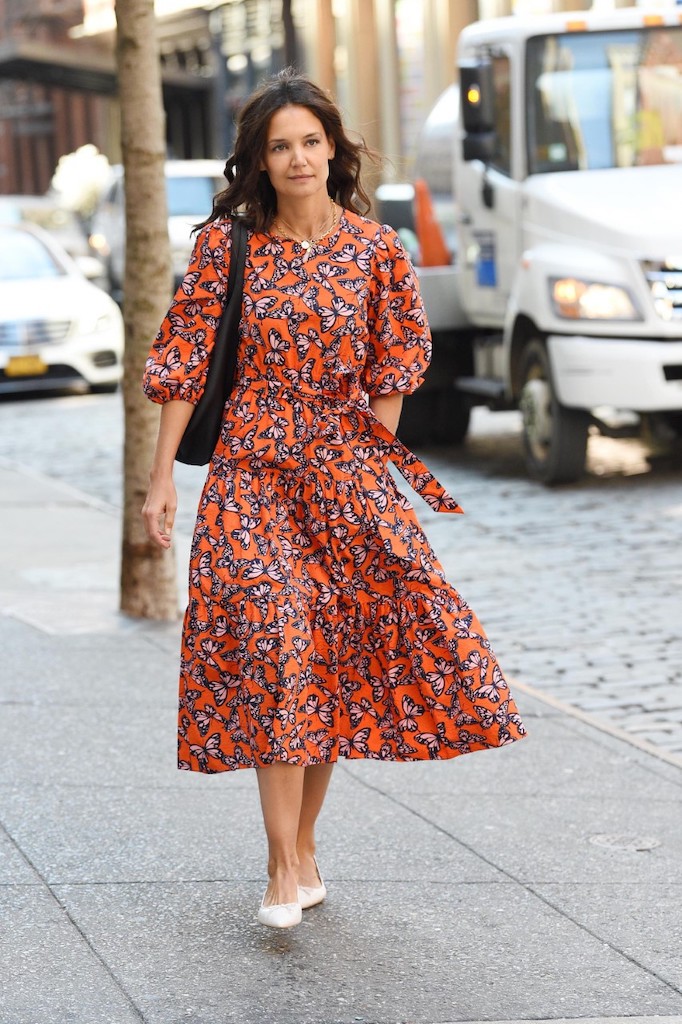 Katie Holmes, Kate Spade, butterfly, white, heels, slingbacks, nyc, March 14 2022