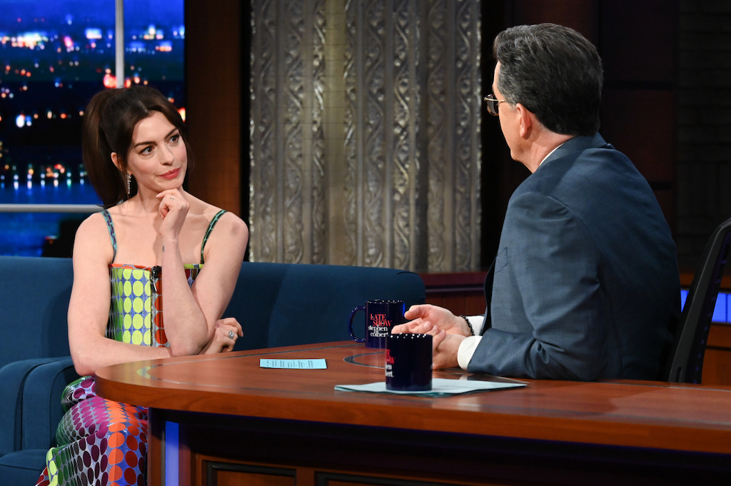 Anne Hathaway, Christopher John Rogers, sandals, march 15 2022, THe late Show With Stephen Colbert