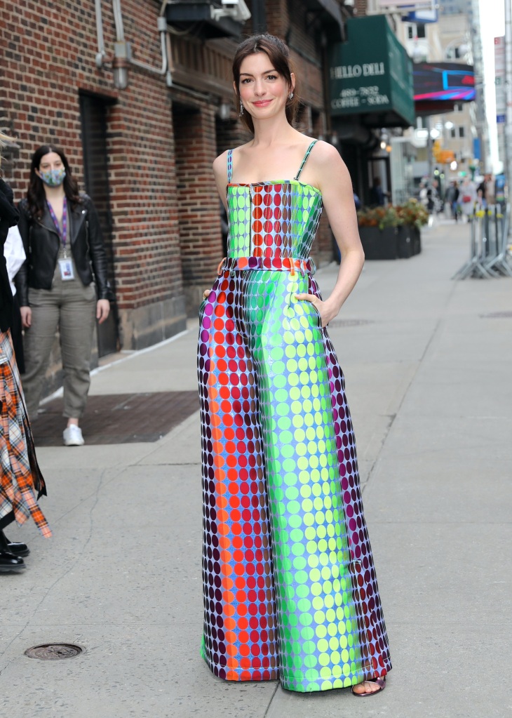 Anne Hathaway, Christopher John Rogers, sandals, march 15 2022, THe late Show With Stephen Colbert