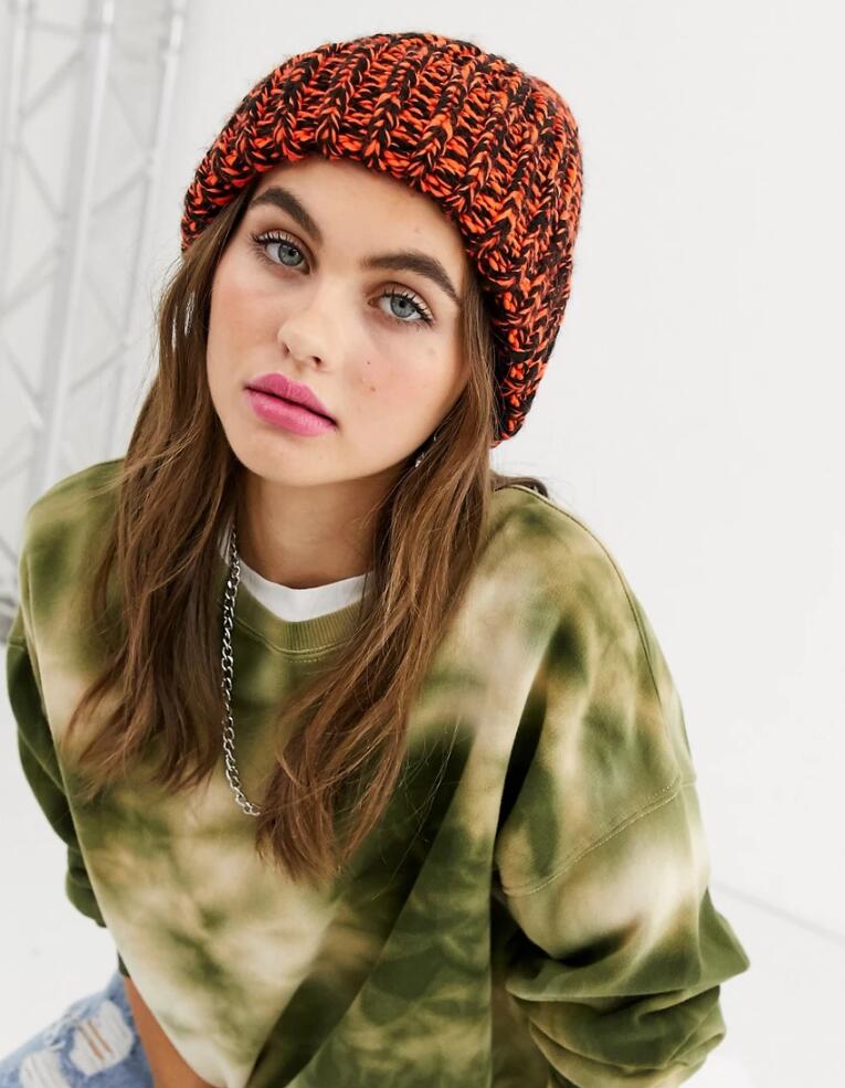 Asos Design Two Tone Knit Beanie Hat In Orange And Black