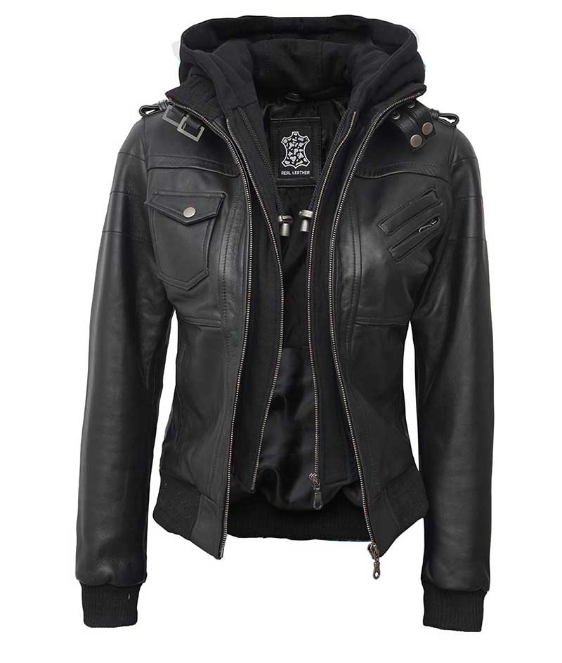 Hooded leather jacket women