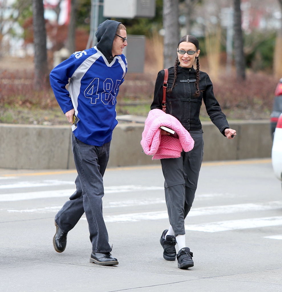 bella hadid, nyc, gray skirt, black jacket, black sneakers, boyfriend, marc kalman