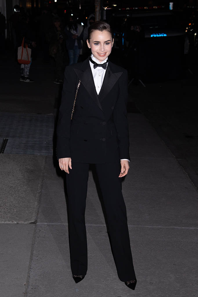 Ralph Lauren Fall 2022 Fashion Show -Outside Arrivals Museum of Modern Art, NY. 22 Mar 2022 Pictured: Lily Collins. Photo credit: RCF / MEGA TheMegaAgency.com +1 888 505 6342 (Mega Agency TagID: MEGA840883_021.jpg) [Photo via Mega Agency]