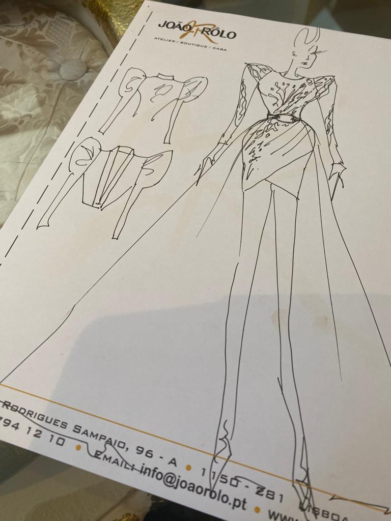 sketch by joao rolo of the black silk loong gown for janet morais