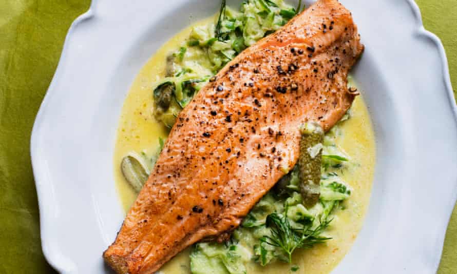 Nigel Slater’s trout with cucumber and cornichons.