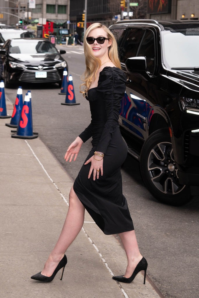 Elle Fanning arriving at The Late Show with Stephen Colbert on March 30, 2022. 