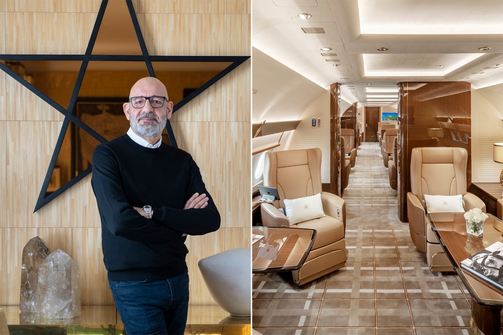 Side by side of Scaglione and a private jet he designed. 