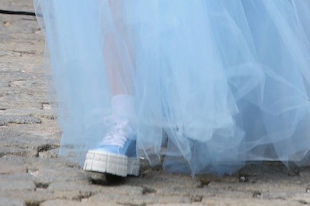 Gigi Hadid, NYC, Maybelline, blue tulle dress, lug sole sneakers, March 30 2022