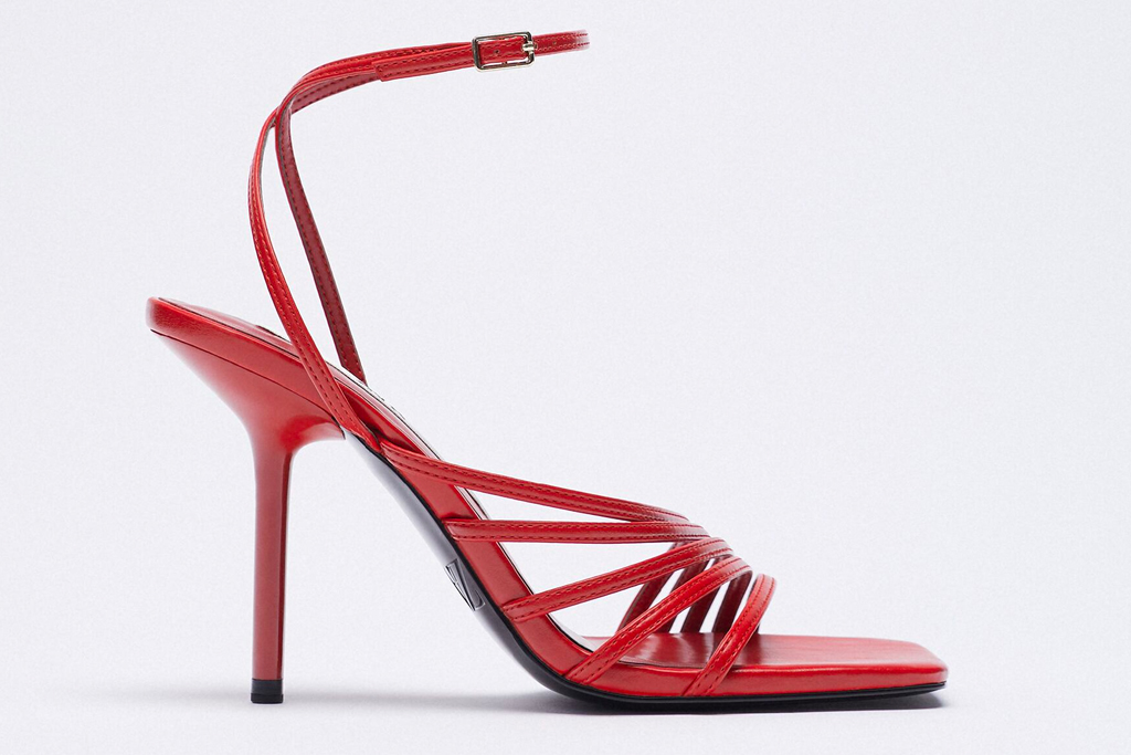 red sandals, heels, zara