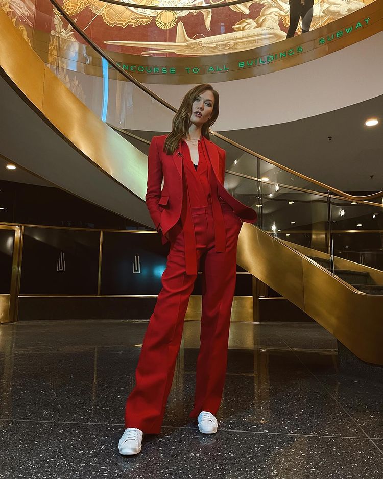 Karlie Kloss in Valentino Red Suit Promoting 'Kode with Klossy'