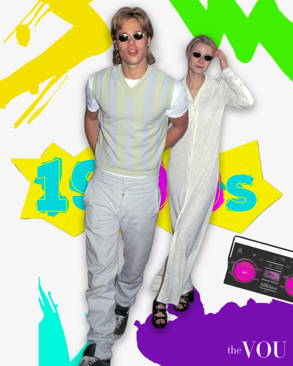 Brad Pitt and Gwyneth Paltrow 90s matching outfit to wear to 90s theme party for couples