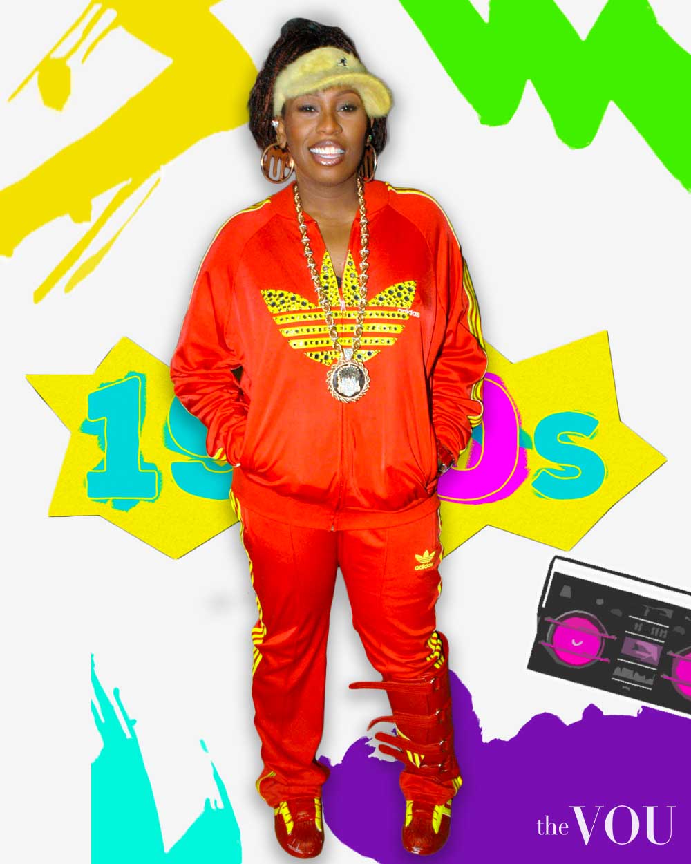 Missy Elliots Red Adidas Tracksuit & Sneakers (with A Kangol Cap) to wear to a 90s party