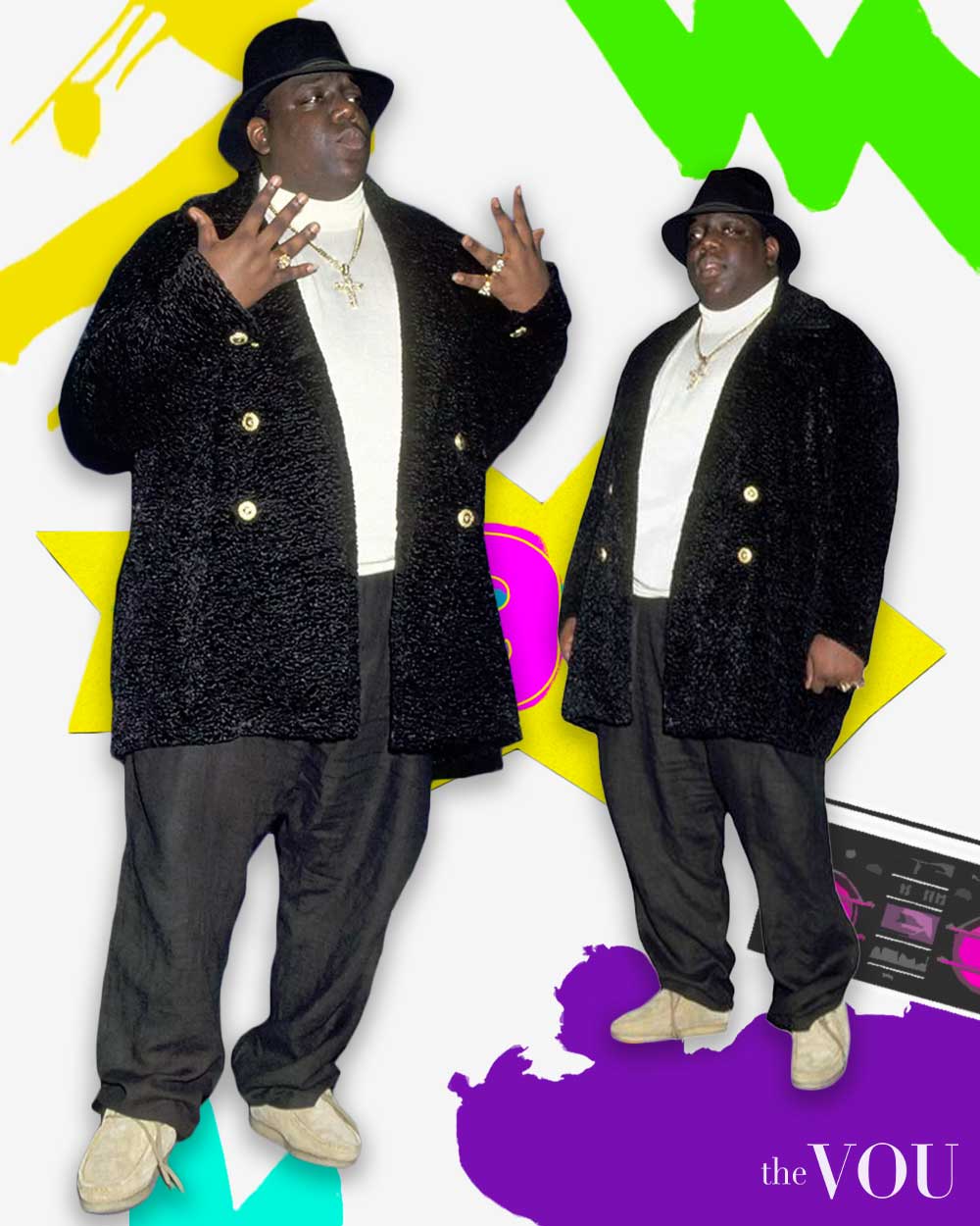 The Notorious B.I.G. Turtule Neck, Wool Coat, & Bucket Hat (with Wallabees Shoes) to wear to a 90s party