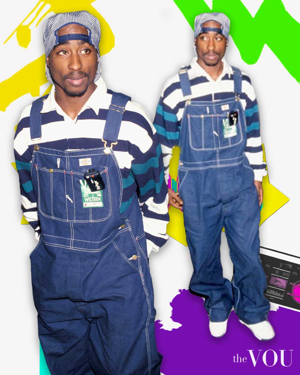 Tupac Denim Overall, Stripes, & Backward Cap (With A Clipped Pager!) to wear to a 90s party