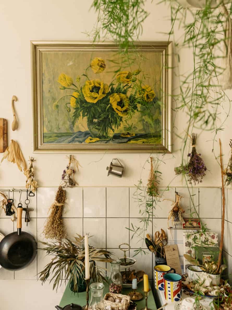 Bunches of dried flowers hanging on the wall