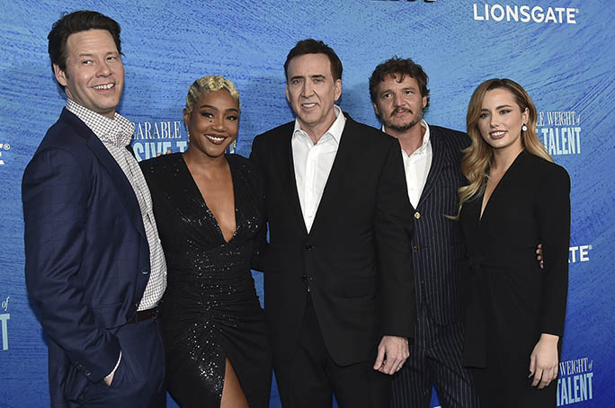 Ike Barinholtz, from left, Tiffany Haddish, Nicolas Cage, Pedro Pascal, and Lily Mo Sheen arrive at the premiere of 