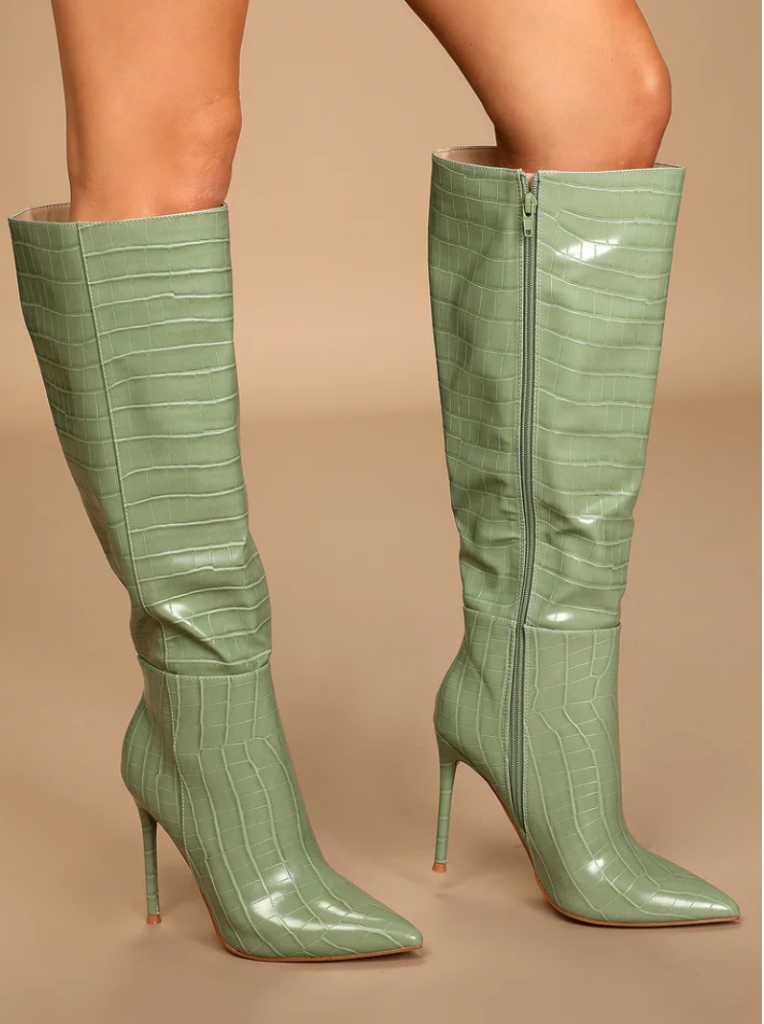 Zezilia Mint Crocodile-Embossed Pointed-Toe Knee-High Boots