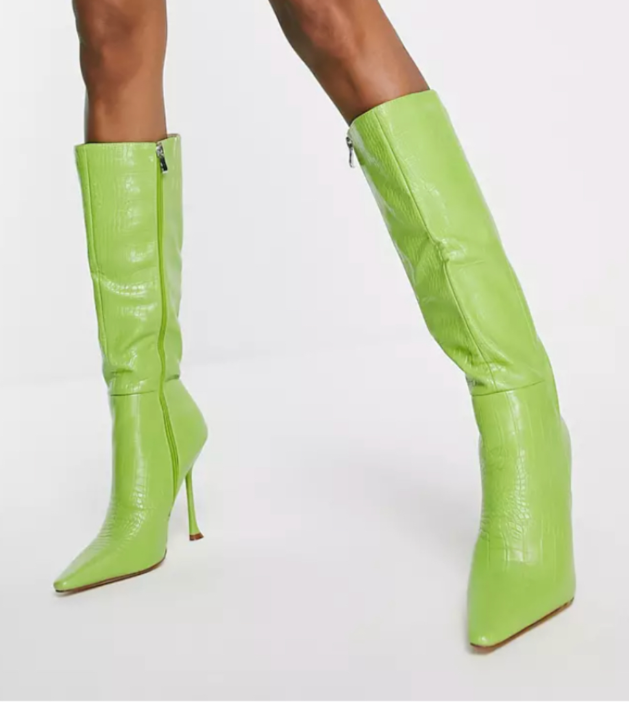 Simmi London stiletto heel knee boot in lime croc