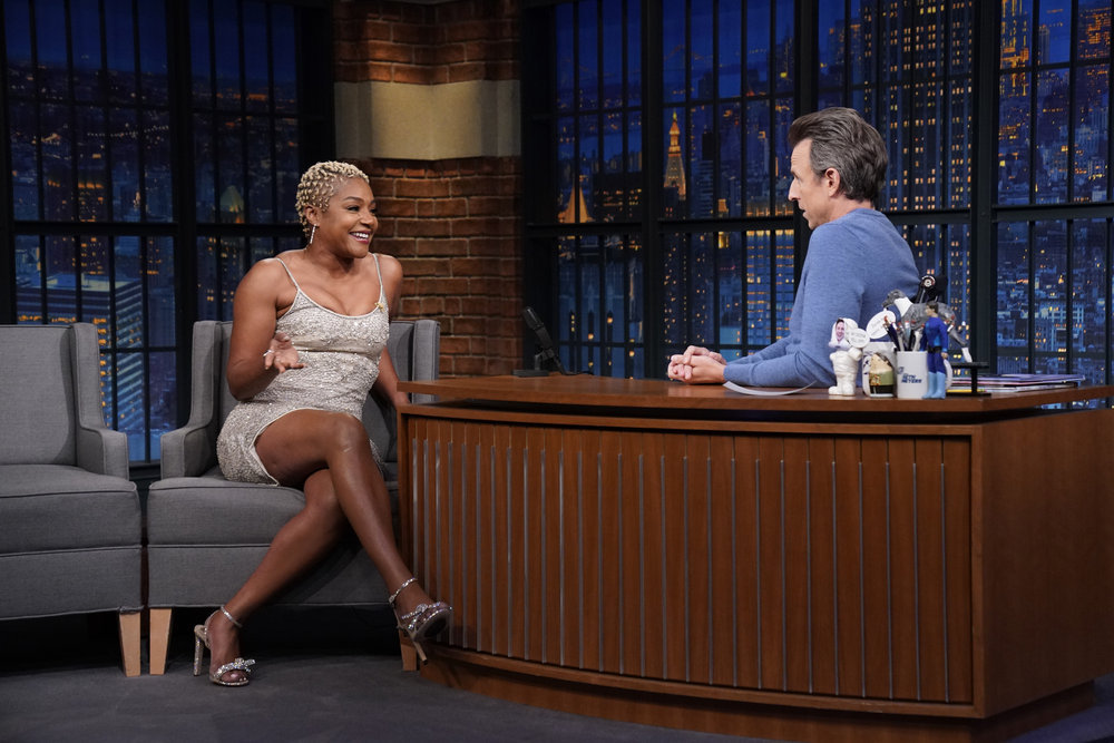 LATE NIGHT WITH SETH MEYERS -- Episode 1280 -- Pictured: (l-r) Actress Tiffany Haddish during an interview with host Seth Meyers on April 21, 2021 -- (Photo by: Lloyd Bishop/NBC)