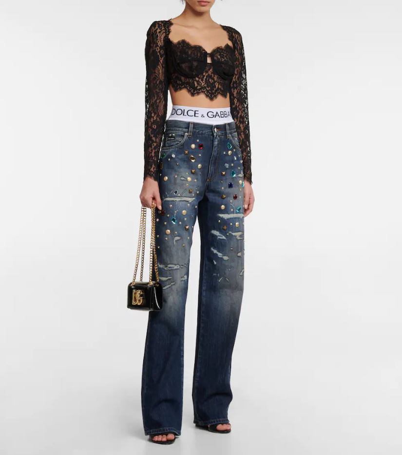 Crystal-embellished high-rise wide-leg jeans by Dolce & Gabbana