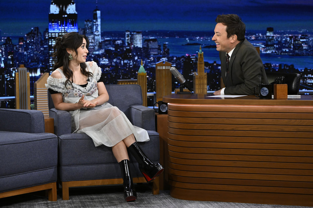 THE TONIGHT SHOW STARRING JIMMY FALLON -- Episode 1639 -- Pictured: (l-r) Actress Cristin Milioti during an interview with host Jimmy Fallon on Monday, April 25, 2022 -- (Photo by: Todd Owyoung/NBC)