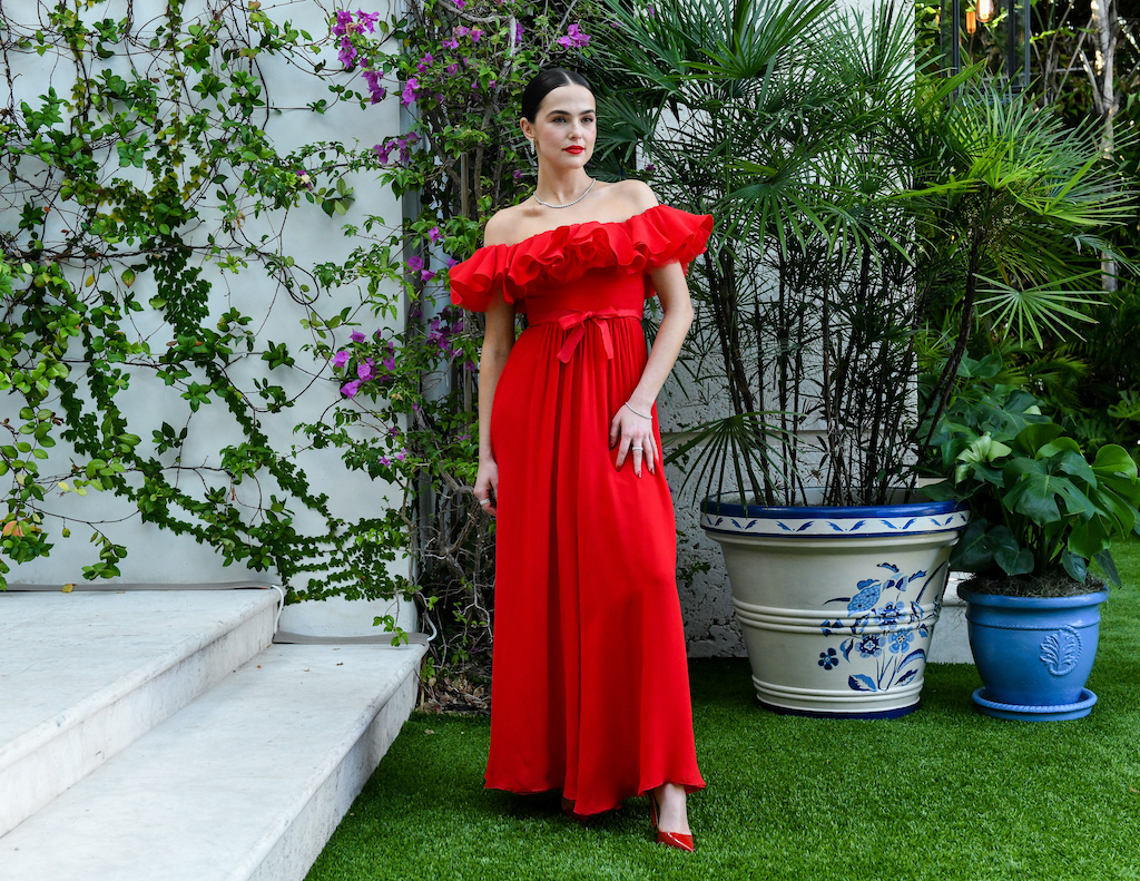 Zoey Deutch, red dress, red pointy pumps, Miami Fl, Tiffany and Co., April 28, 2022