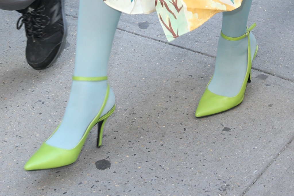 busy philipps, purple coat, patterned midi dress, blue tights, green heels, today show