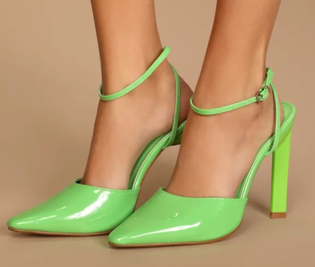 Celina Green Patent Pointed-Toe Ankle Strap Pumps