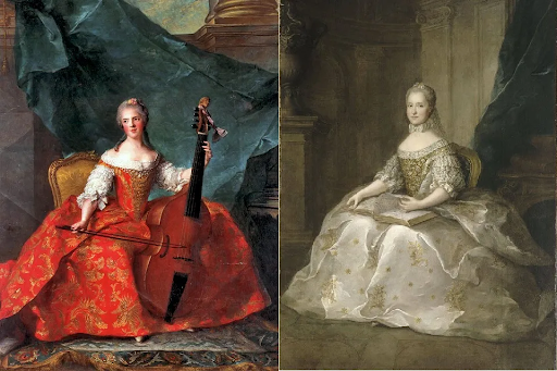 (L) Madame Henriette playing the Viola da Gamba (R) Portrait of Maria Josepha of Saxony (1731–1767), Dauphine of France (Château de Versailles Collection via Wikimedia Commons)