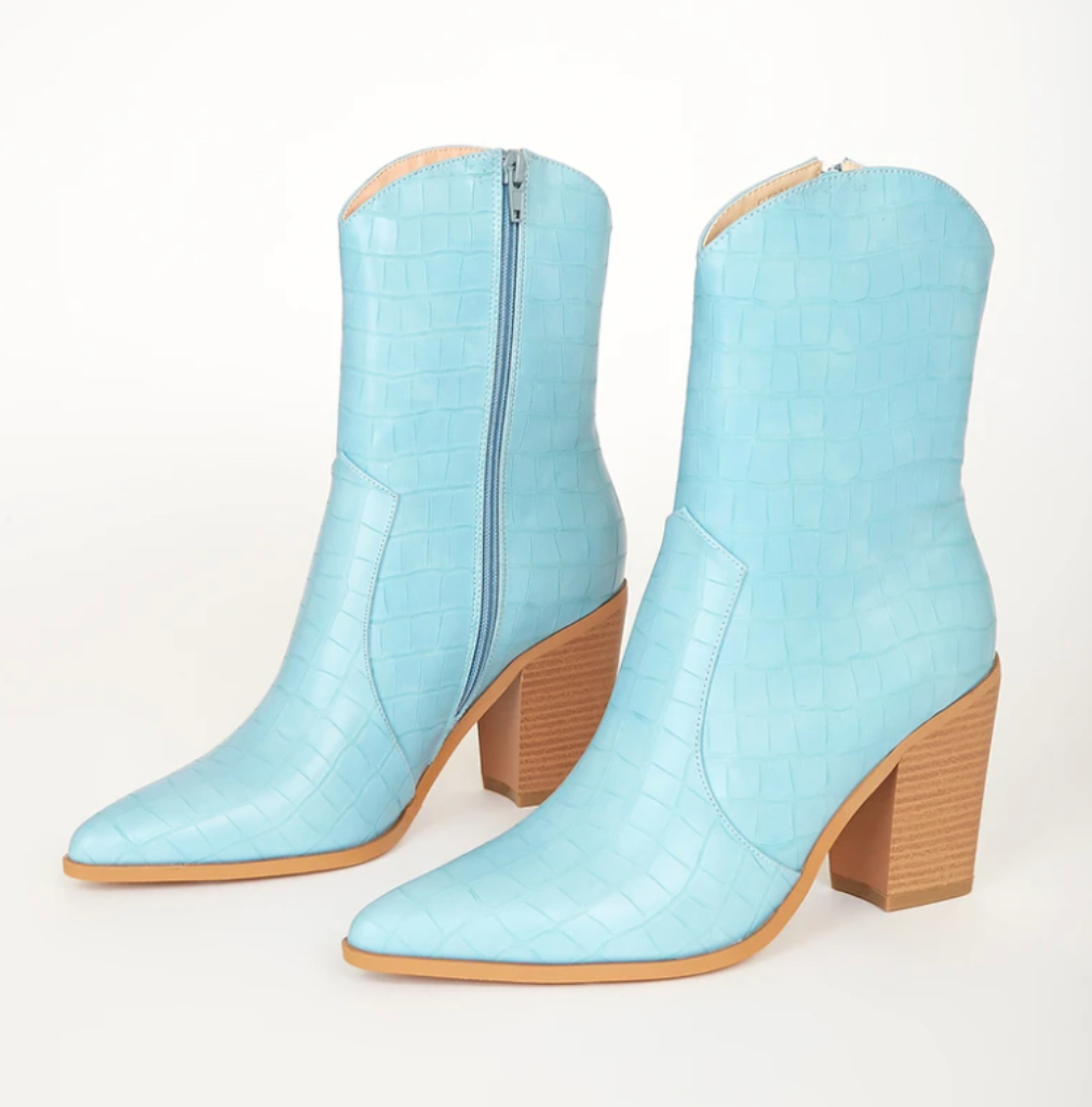 Eleora Blue Crocodile-Embossed Mid-Calf High Heel Boots