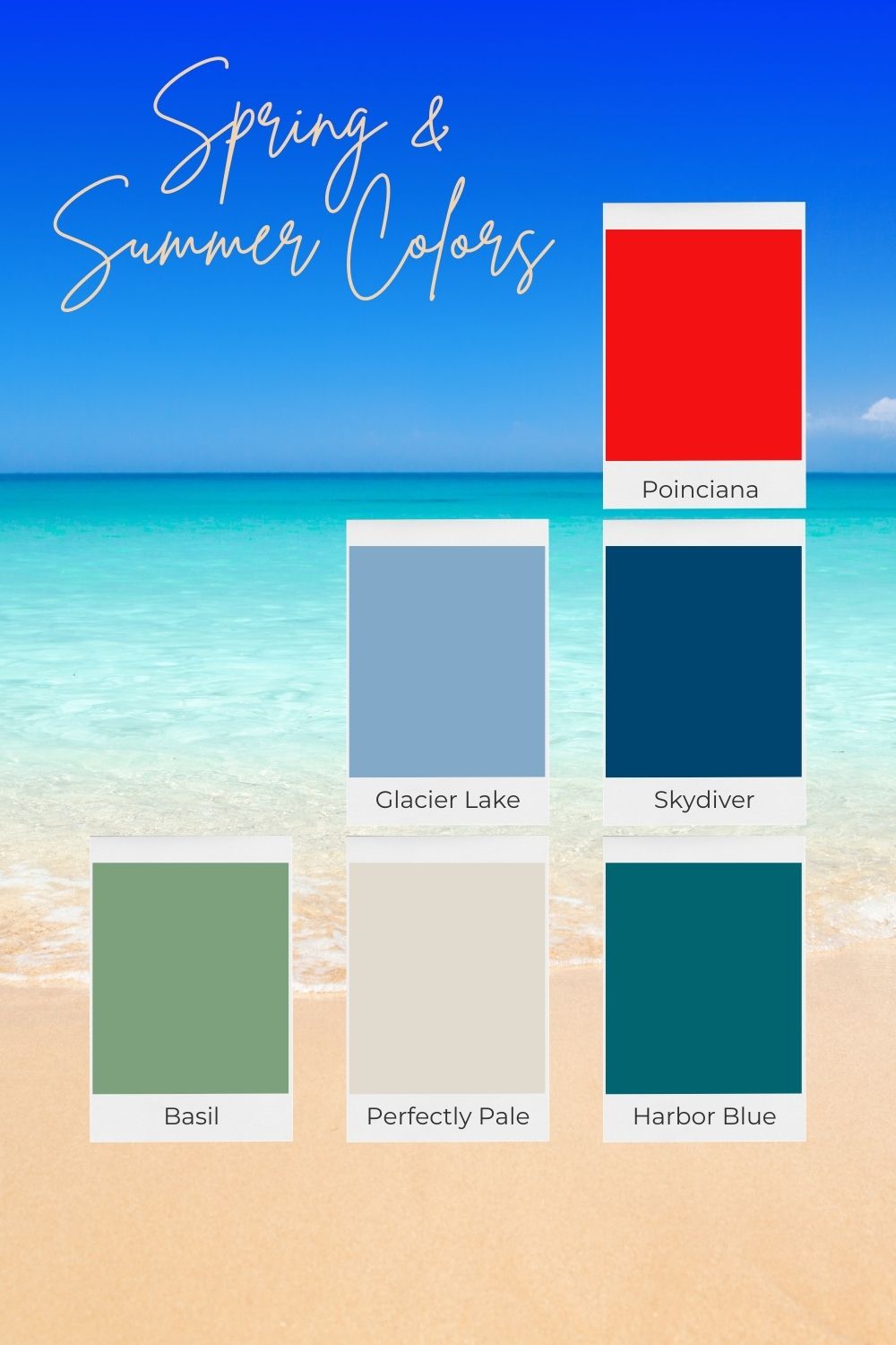 Six color swatches on top of a beach background.