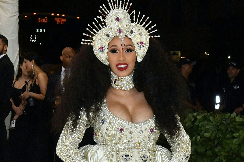 Cardi B is pictured in an extravagant ensemble at the 2018 Met Gala.