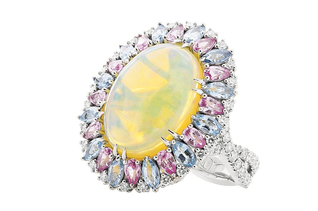 London Collection platinum ring with opal, aquamarines, diamonds and pink sapphires, $26,500