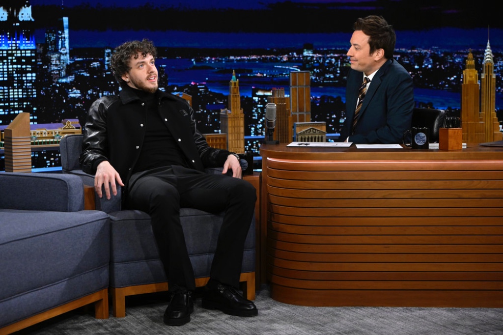 jack harlow, the tonight show with jimm fallon, black leather jacket, leather pants, hoodie, first class, Nahmias