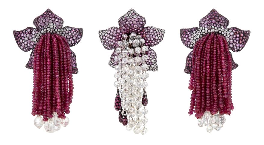 JAR THREE DIAMOND, RUBY AND COLORED SAPPHIRE 'FLEUR POMPONS' BROOCHES
