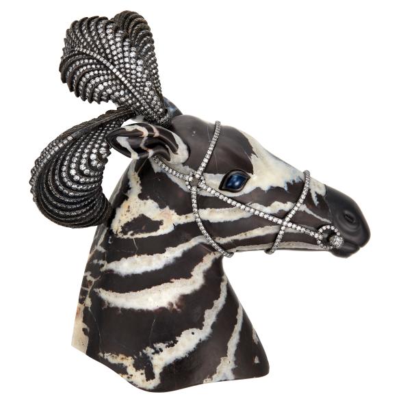 A carved agate zebra brooch with diamonds and sapphires is expected to sell for between $50,000-70,000.