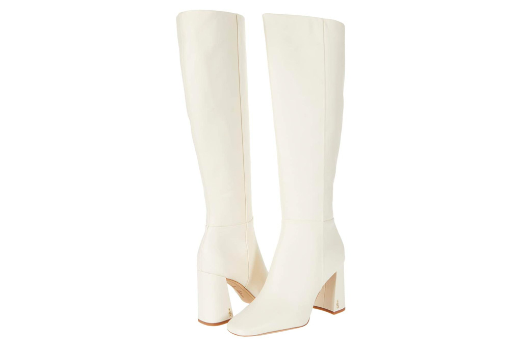 white boots, knee high, heeled, sam edelman