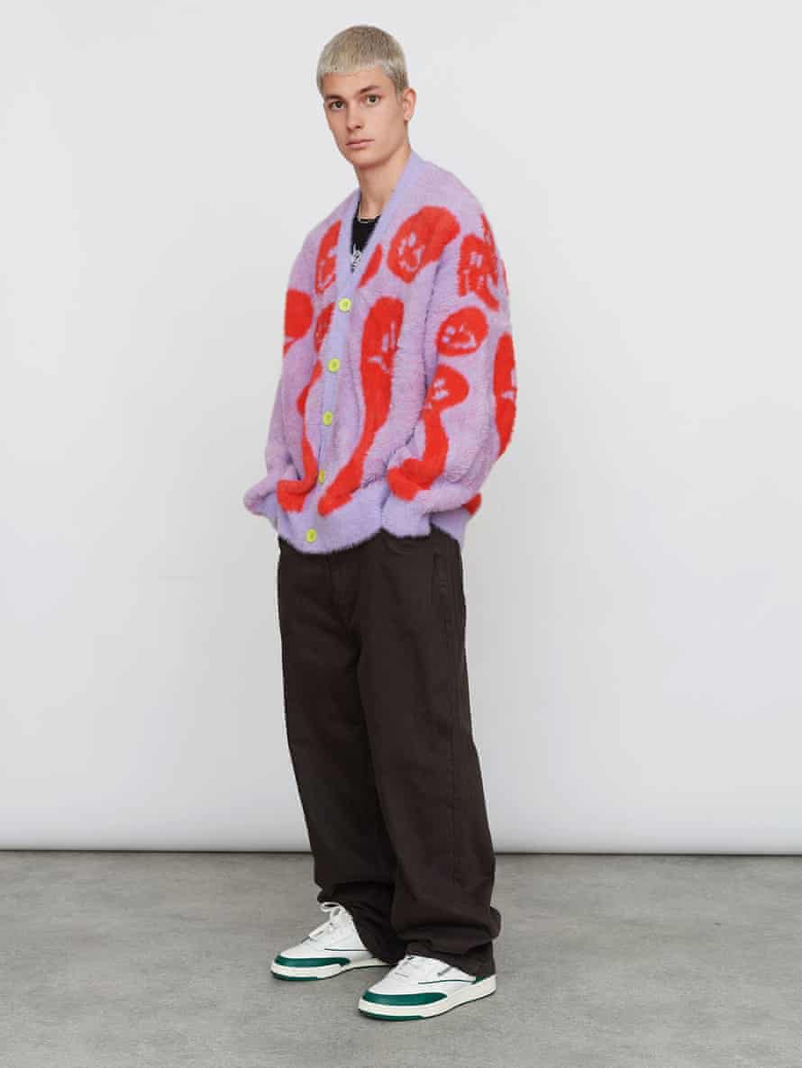 10 of the best men’s cardigans summer 2022 lava lamp purple and red cardigan by Lazy Oaf