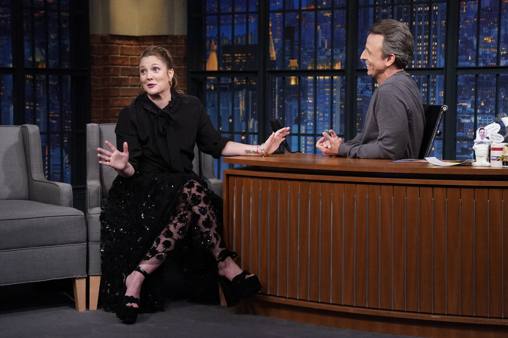 LATE NIGHT WITH SETH MEYERS -- Episode 1298 -- Pictured: (l-r) Actress Drew Barrymore during an interview with host Seth Meyers on May 24, 2022 -- (Photo by: Lloyd Bishop/NBC)