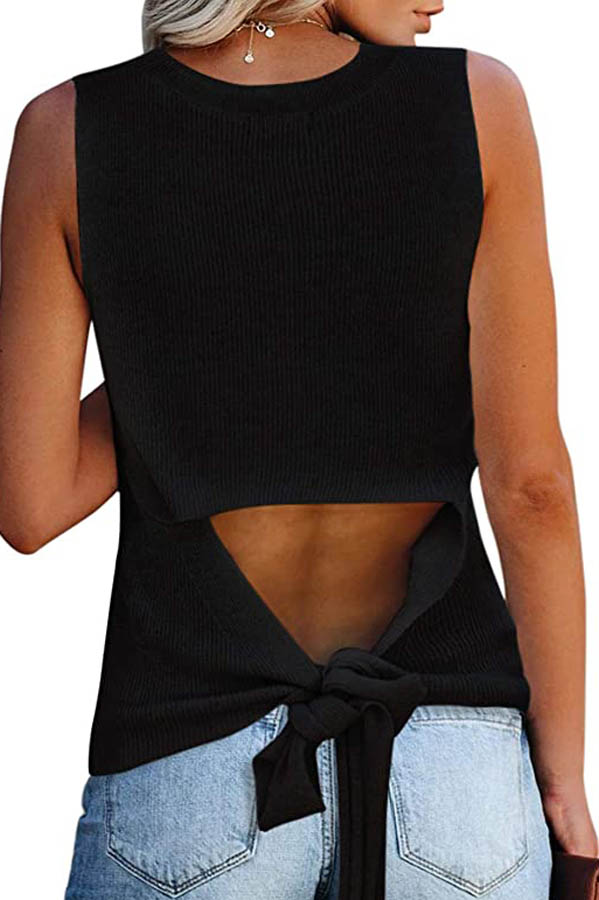 Back view of a black tie-back tank top.