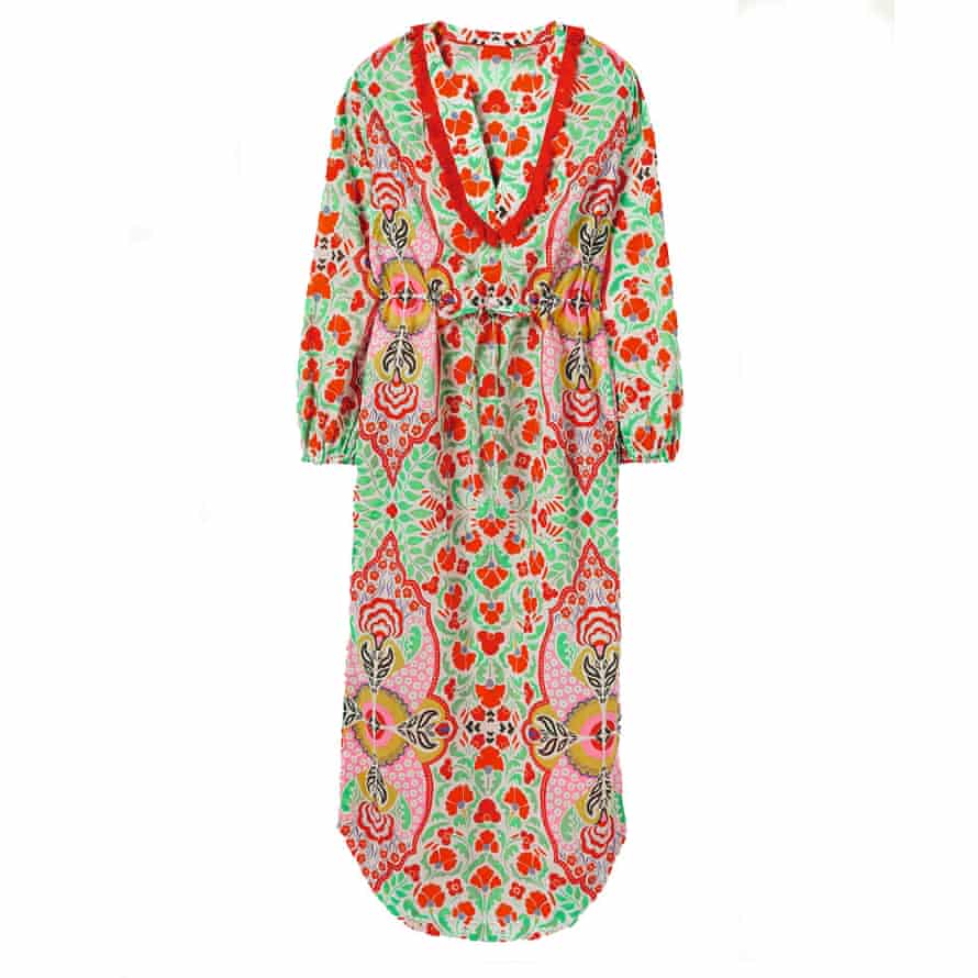 Printed cotton kaftan with red trim