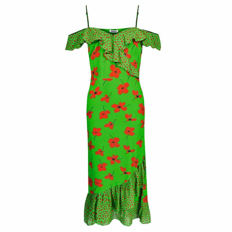 Green off-shoulder dress with ruffled hem