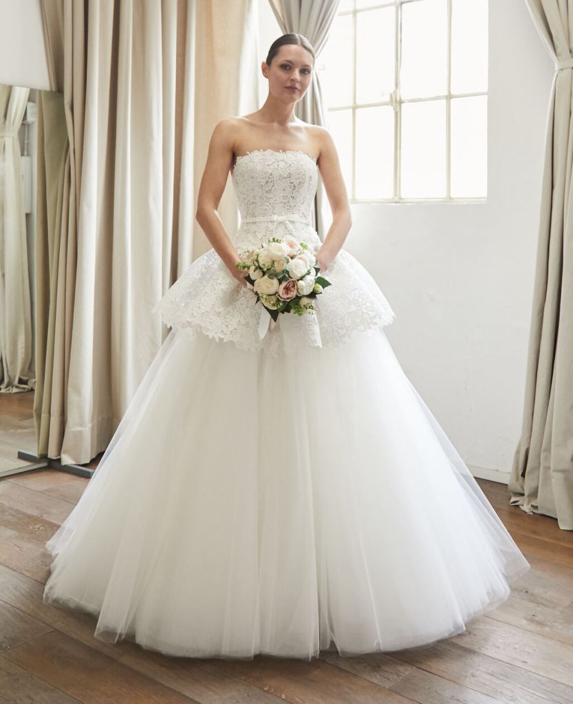Sophie, a two-for-one look by Peter Langner, will transform from a regal tulle ball gown to a low-waist little white dress in guipure lace by simply removing the skirt. $7,000, Wedding Atelier, 72 Madison Ave., 4th Fl.