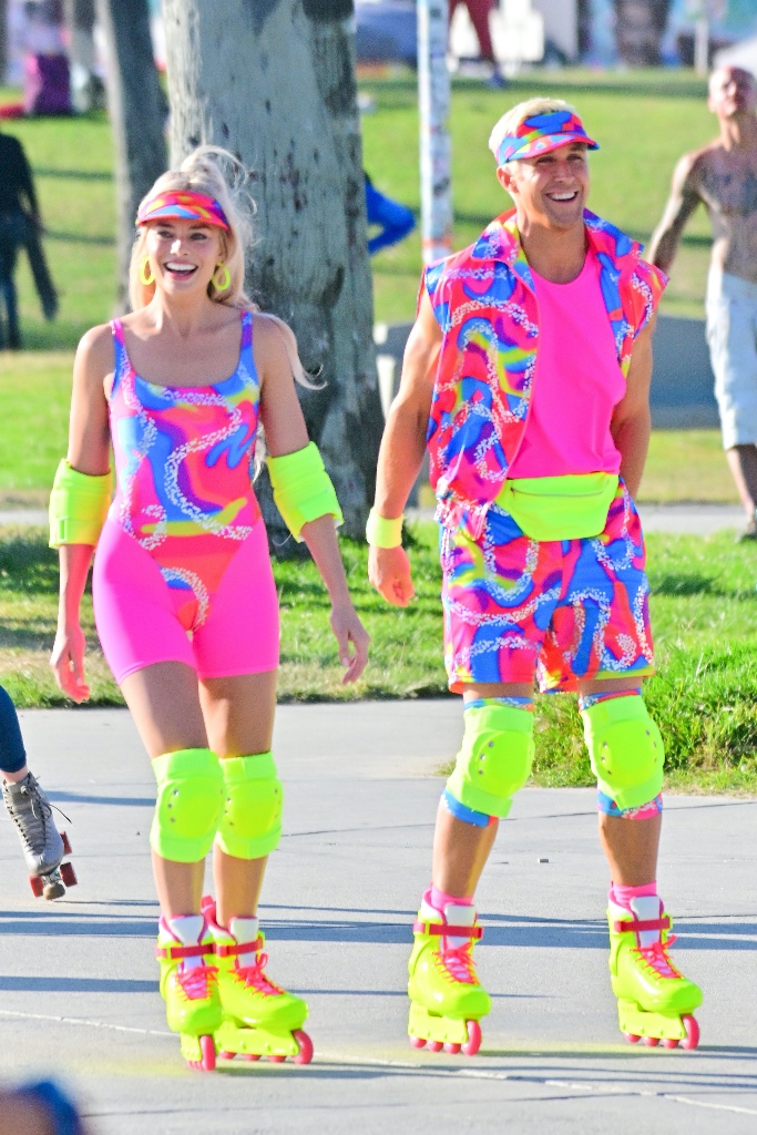 margot robbie, ryan gosling, barbie, rollerblading, biker shorts, visor