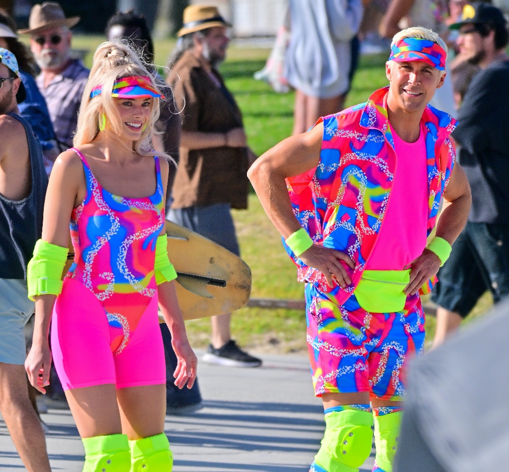 Margot Robbie & Ryan Gosling Rollerblade on ‘Barbie’ Set in Neon ...