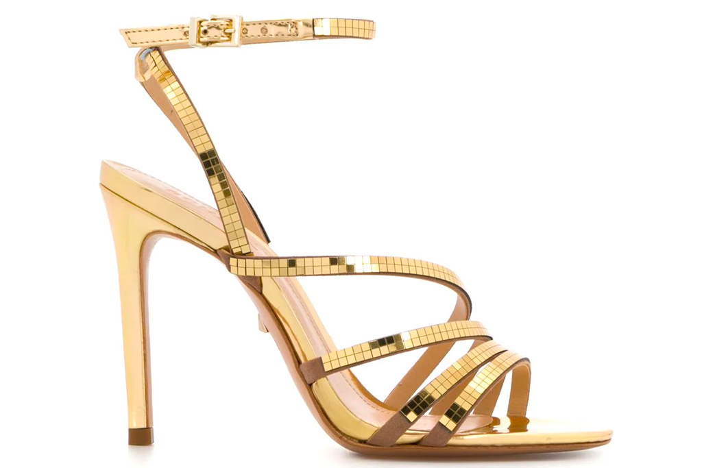 gold heels, sandals, schutz