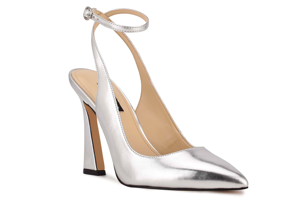 silver heels, pumps, nine west