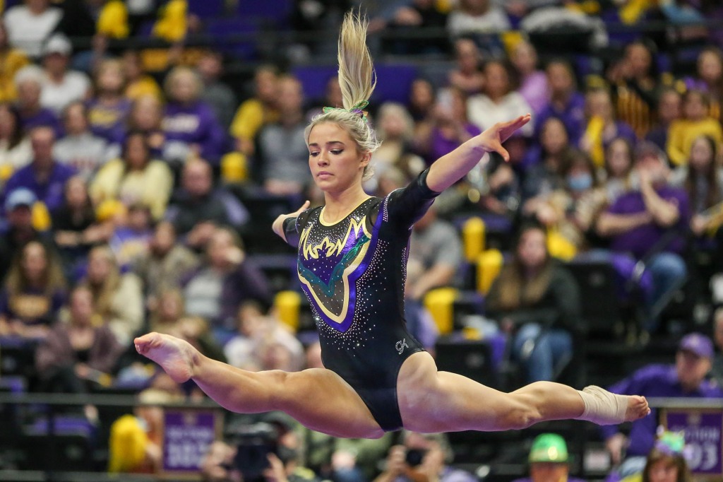 Olivia Dunne performing a floor routine during the a meet against Alabama.